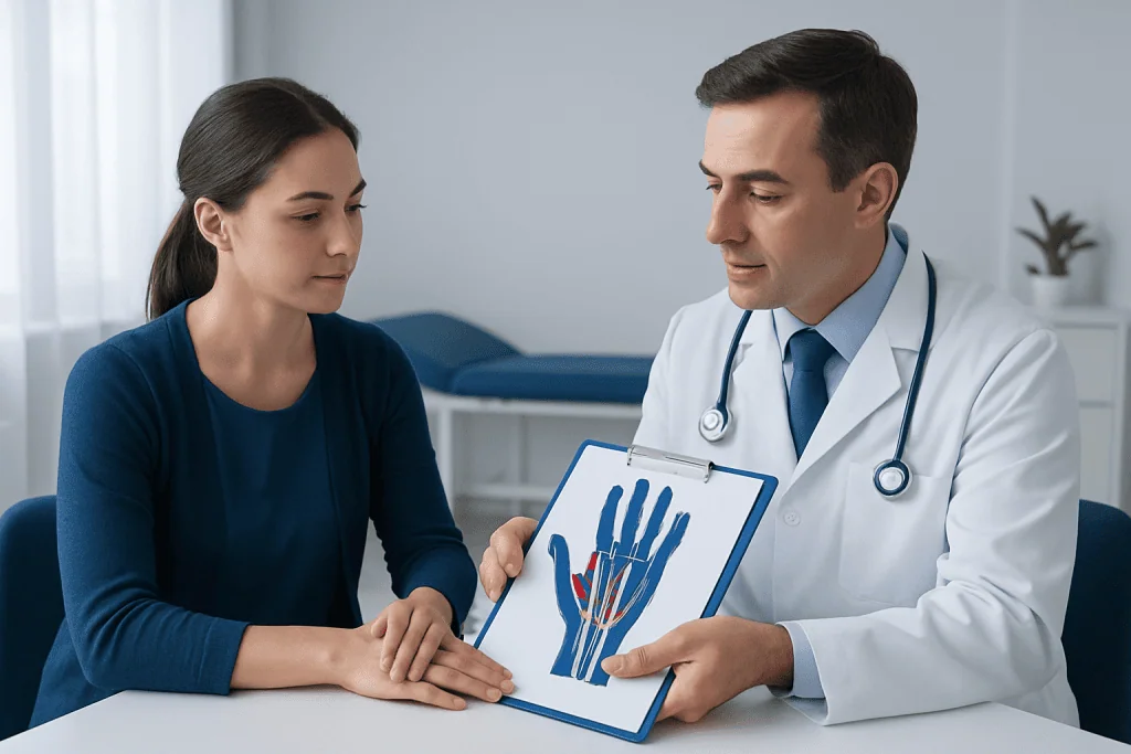 Doctor explaining wrist tendon anatomy to a patient with a diagram.