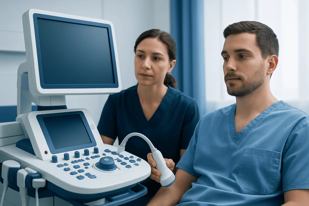 Medical professionals performing an ultrasound examination in a hospital setting.