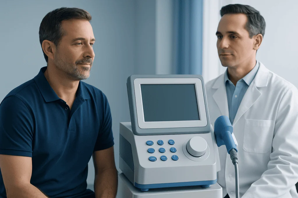 Doctor explaining hormone therapy to a patient in a clinical setting.