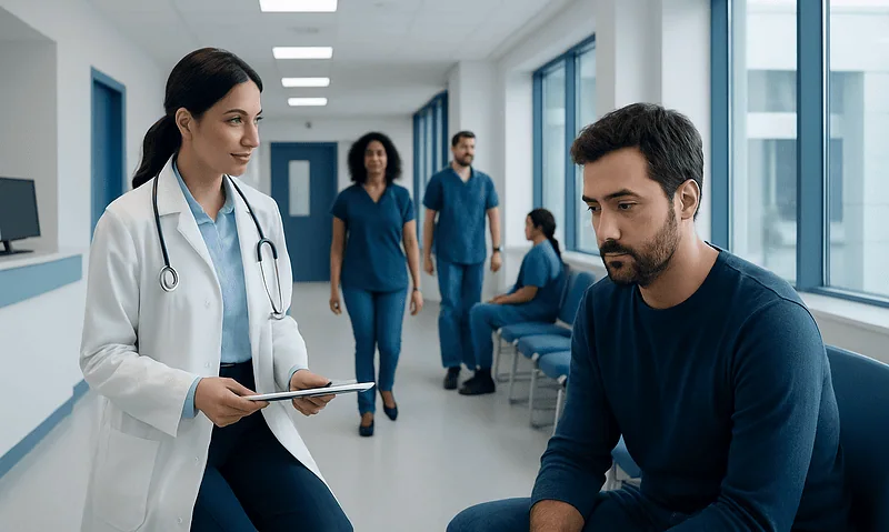 Health Library 10 Doctor consulting male patient in hospital corridor with staff in background.