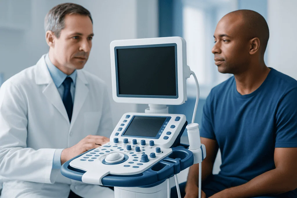 Doctor performing an ultrasound examination on a patient in a clinical setting.
