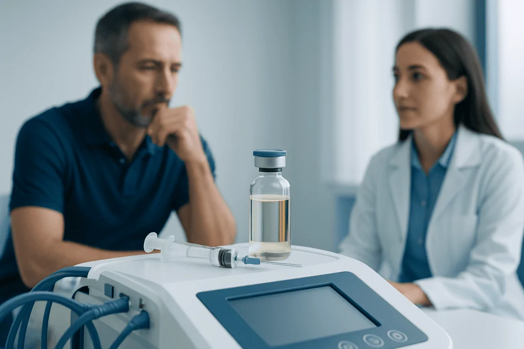Medical consultation for testosterone therapy with a doctor and patient in clinic.