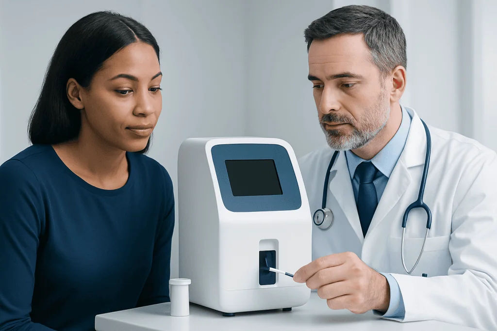 Doctor explaining blood test results to patient using medical device.