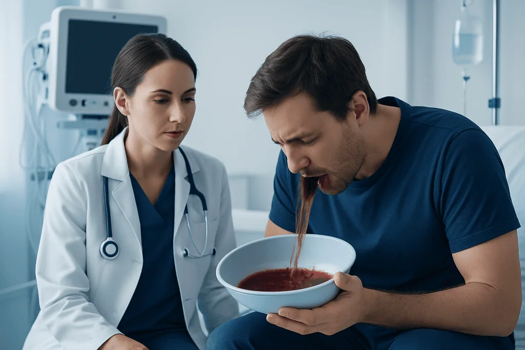 Patient vomiting blood in a hospital setting with a doctor observing.