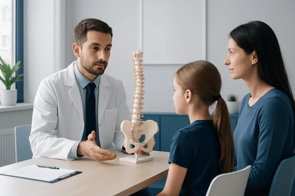 Pediatric spine consultation with a specialist and a young patient.