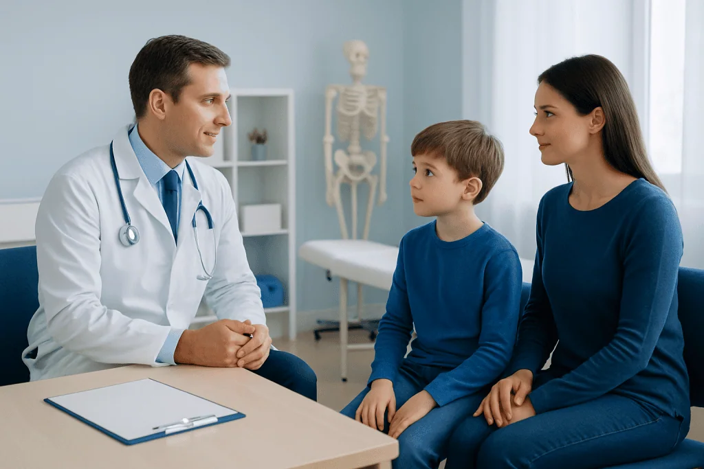 Pediatric orthopedic consultation with doctor and young patient at clinic.