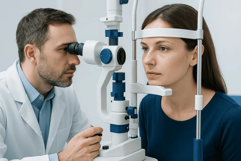 Ophthalmologist examining a patient's eye with a slit lamp.