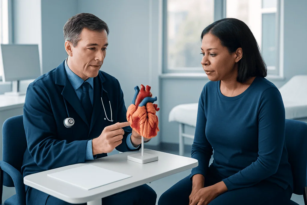 Doctor explaining heart model to patient in a medical consultation.