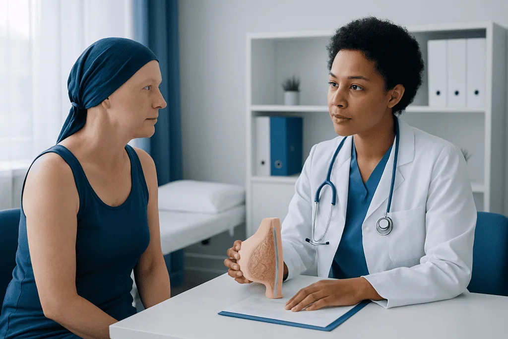 Doctor explaining breast surgery options to a patient in a clinic.