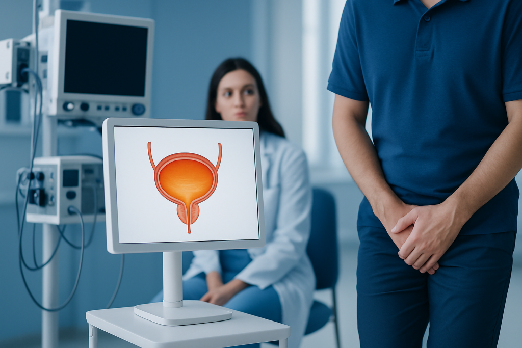 Medical consultation on urinary health with a computer displaying a bladder diagram.