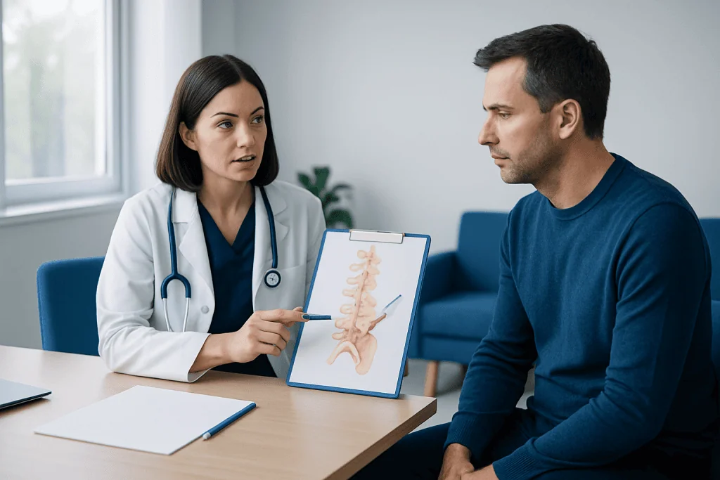 Doctor explaining spinal anatomy to patient during consultation.
