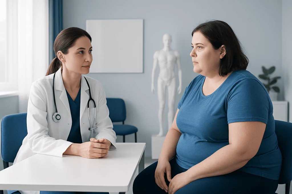 Doctor consulting with overweight woman in medical office.