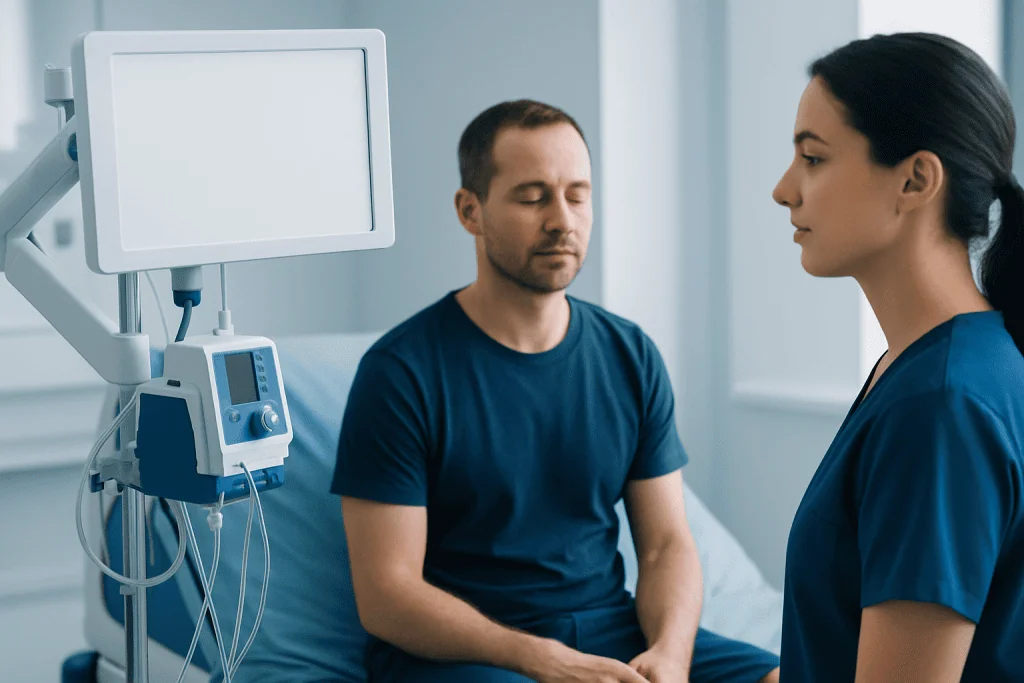 Doctor consulting with patient in hospital room at Acibadem Hospitals Group.