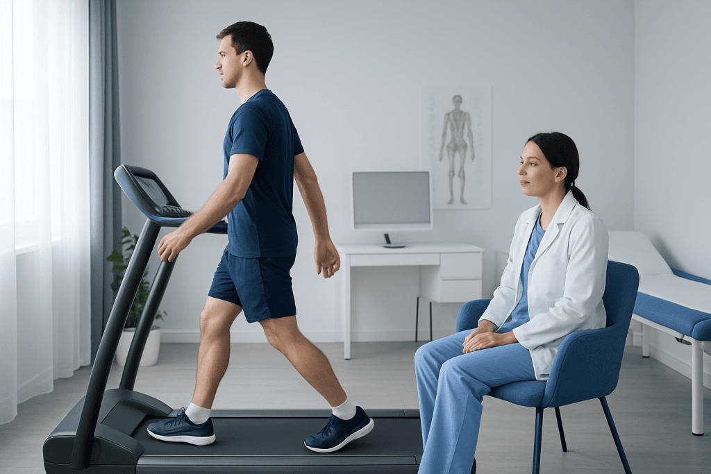 Man walking on treadmill with medical professional observing in clinic.