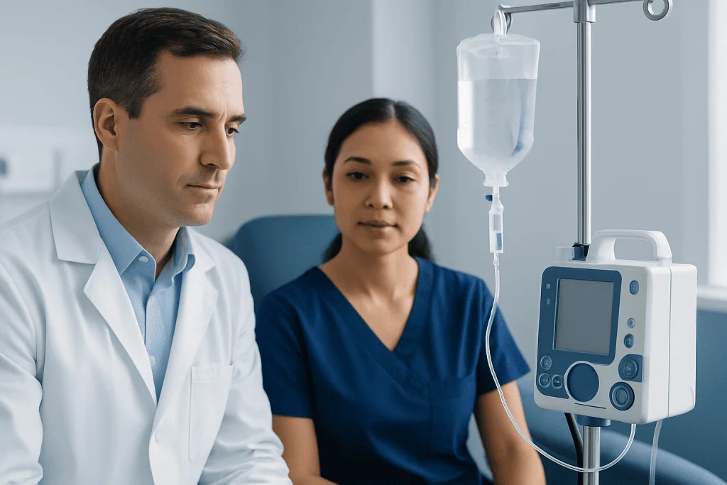 Doctor and nurse monitoring IV infusion in hospital setting.