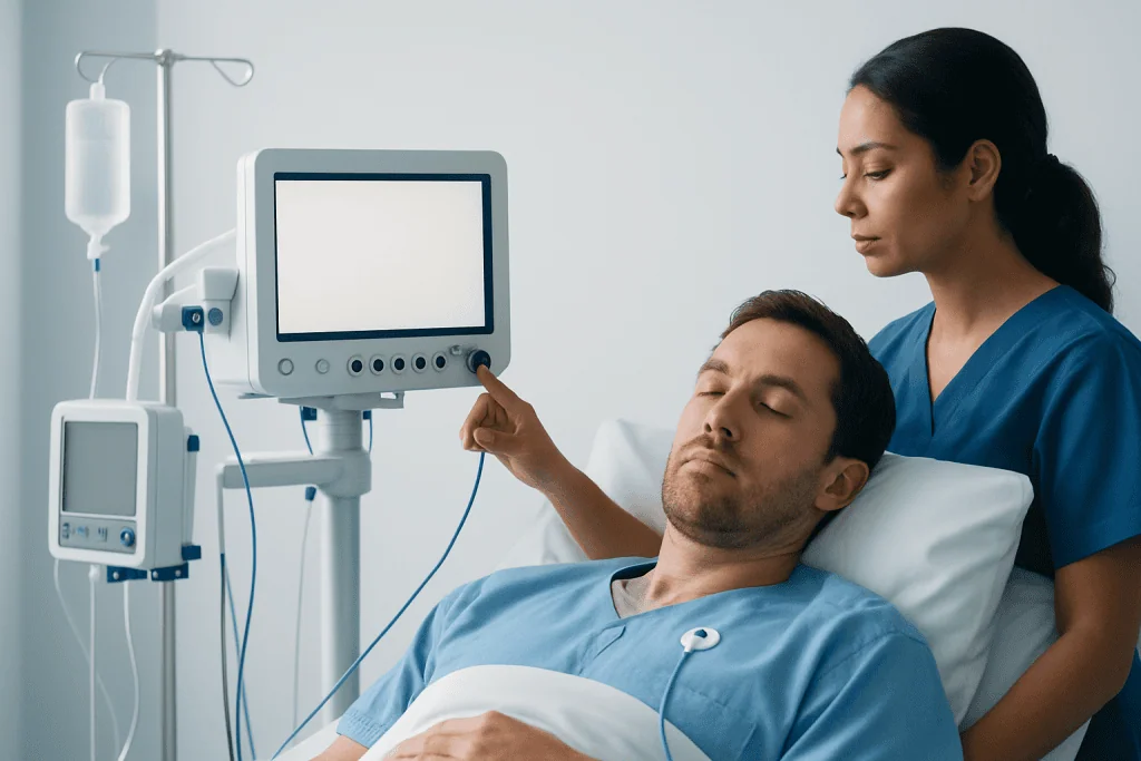Patient in hospital bed with medical monitor and nurse attending.