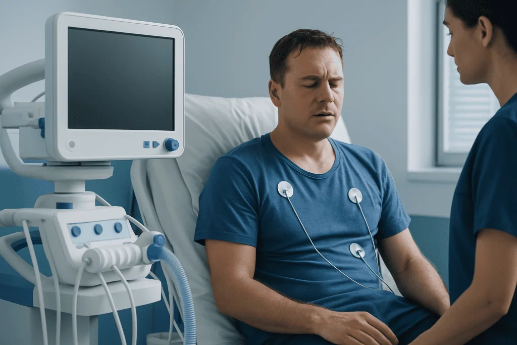 Patient undergoing medical monitoring in hospital bed at Acibadem Hospital.