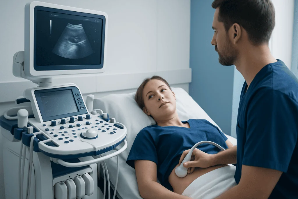 Doctor performing an ultrasound on a female patient in a hospital room.