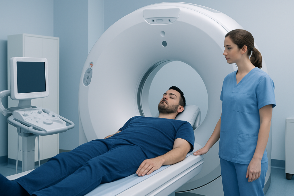 Patient undergoing MRI scan at Acibadem Hospital with medical staff present.