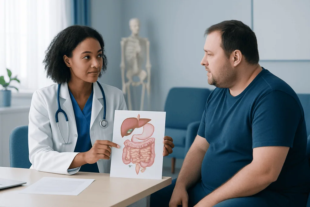 Doctor explaining digestive system to patient in consultation room.