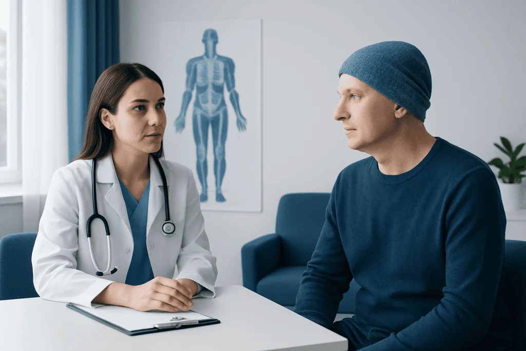 Doctor consulting patient in a medical office with human anatomy chart.