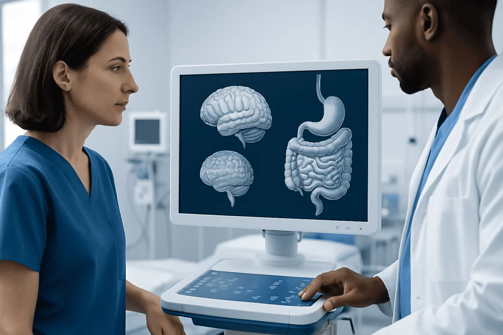 Medical professionals discussing brain and digestive system images in a hospital.