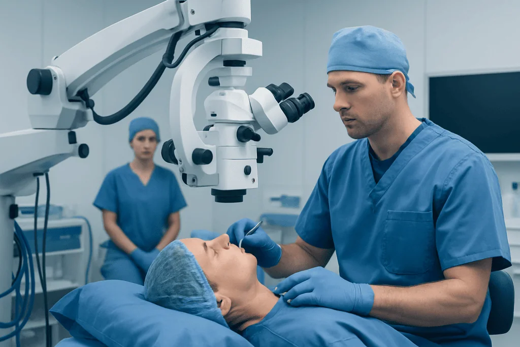 Surgeon performing eye surgery with advanced microscope in operating room.