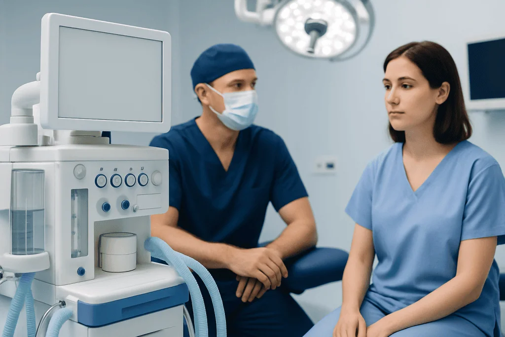 Doctor and patient in a hospital consultation room with medical equipment.