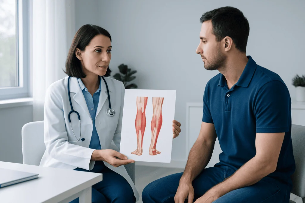 Doctor explaining calf muscle anatomy to patient with diagram.