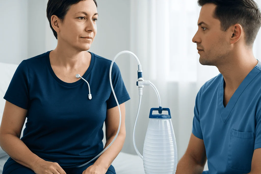 Patient with pleurx catheter during medical consultation at Acibadem Hospital.