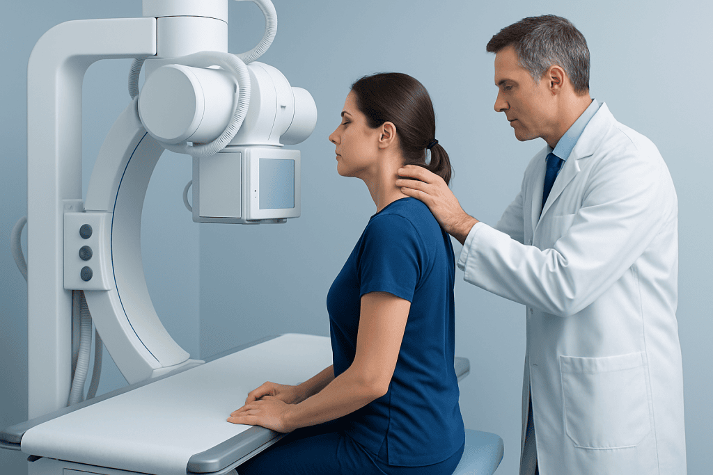 Doctor performing a neck X-ray on a female patient in a medical clinic.