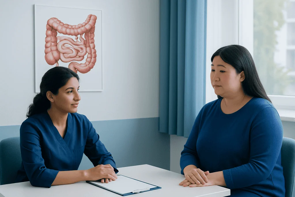Doctor consulting patient about colon health in a medical office.