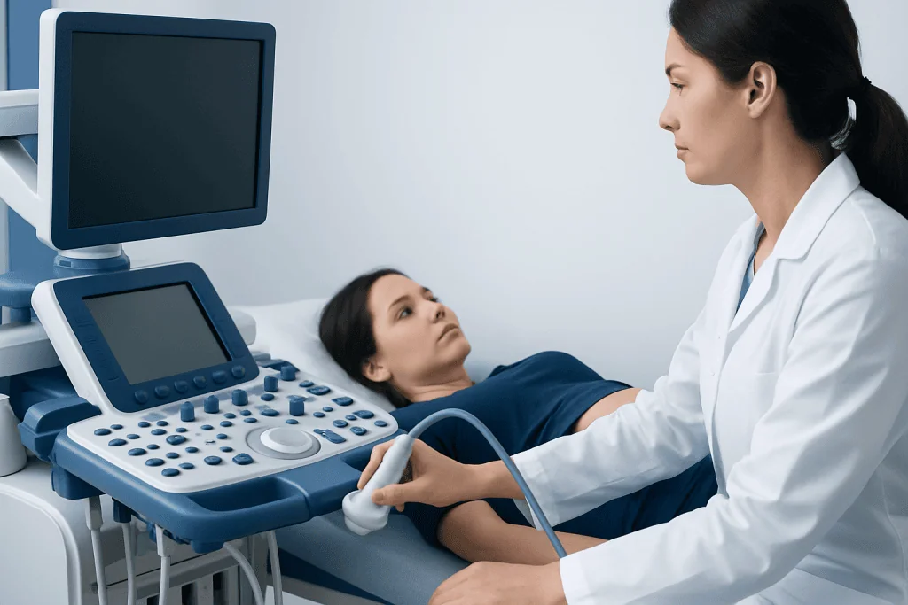 Medical professional performing ultrasound on a patient in a hospital room.
