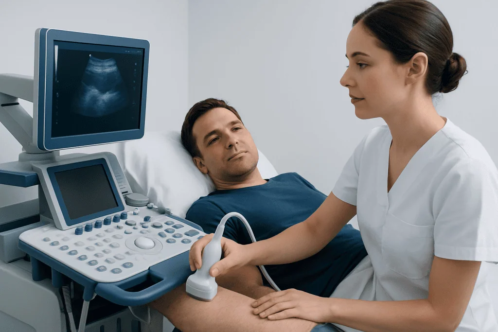 Doctor performing ultrasound exam on male patient in hospital.