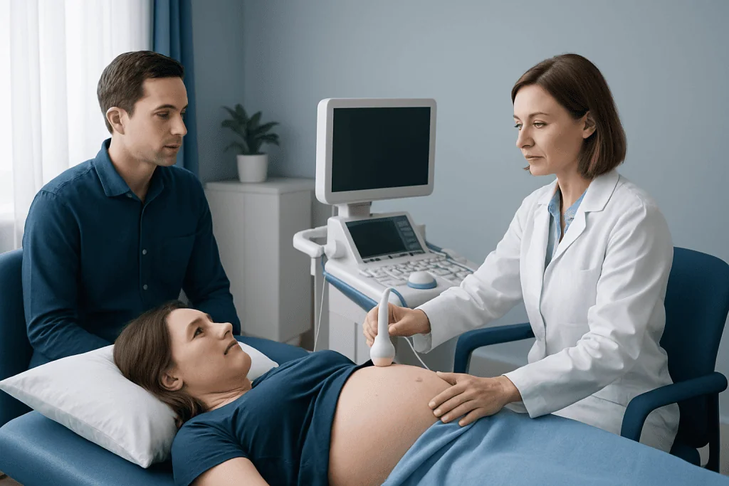 Doctor performs ultrasound on pregnant woman in hospital room.