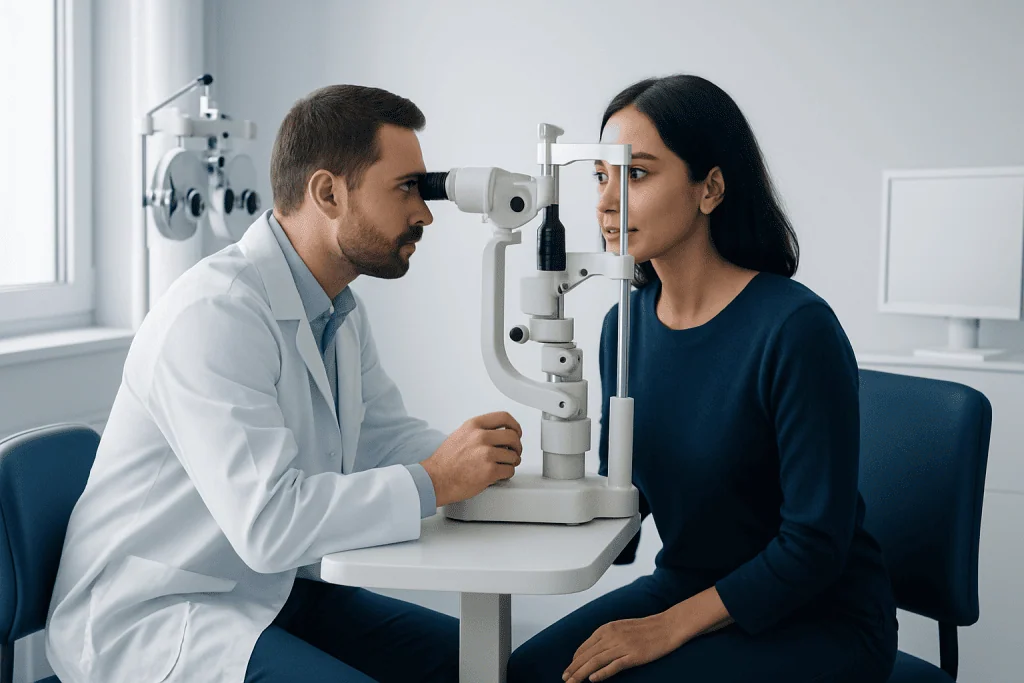 Optometrist performs eye exam using slit lamp on female patient in clinic.