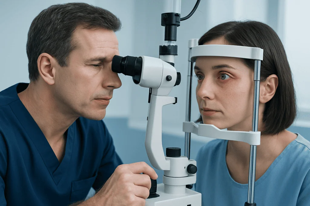 Ophthalmologist examining patient's eye with slit lamp microscope.