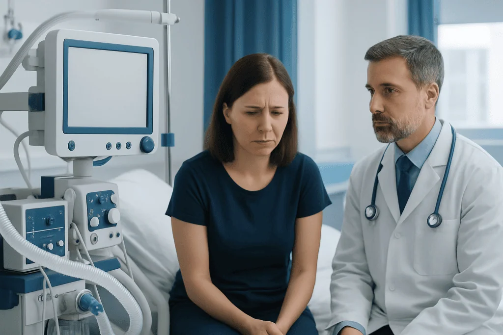 Doctor consulting a woman patient in a hospital room with medical equipment.