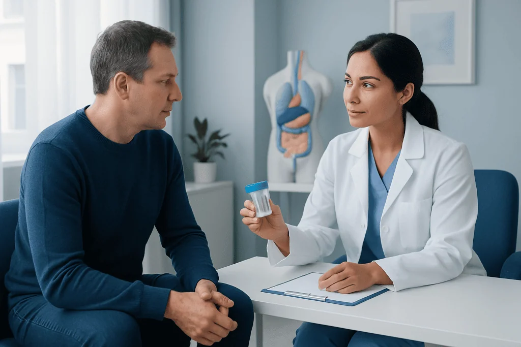 Doctor explaining fecal elastase test to patient in clinic setting.