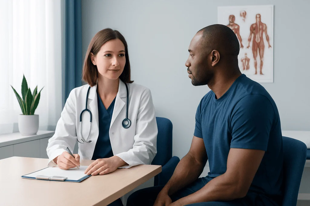Doctor consulting with a male patient in a medical office setting.