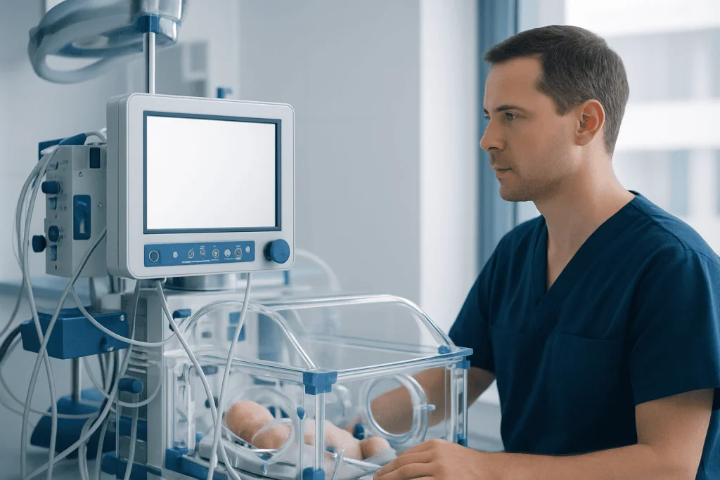 Neonatal intensive care unit with a healthcare professional monitoring a newborn.