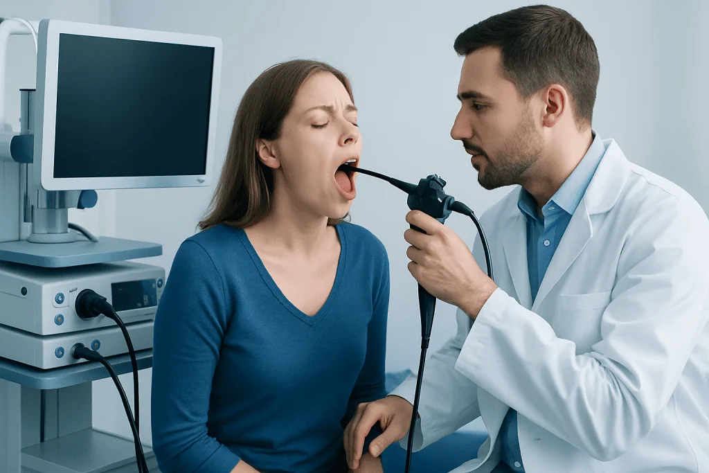 Doctor examines patient's throat using an endoscope in a medical clinic.