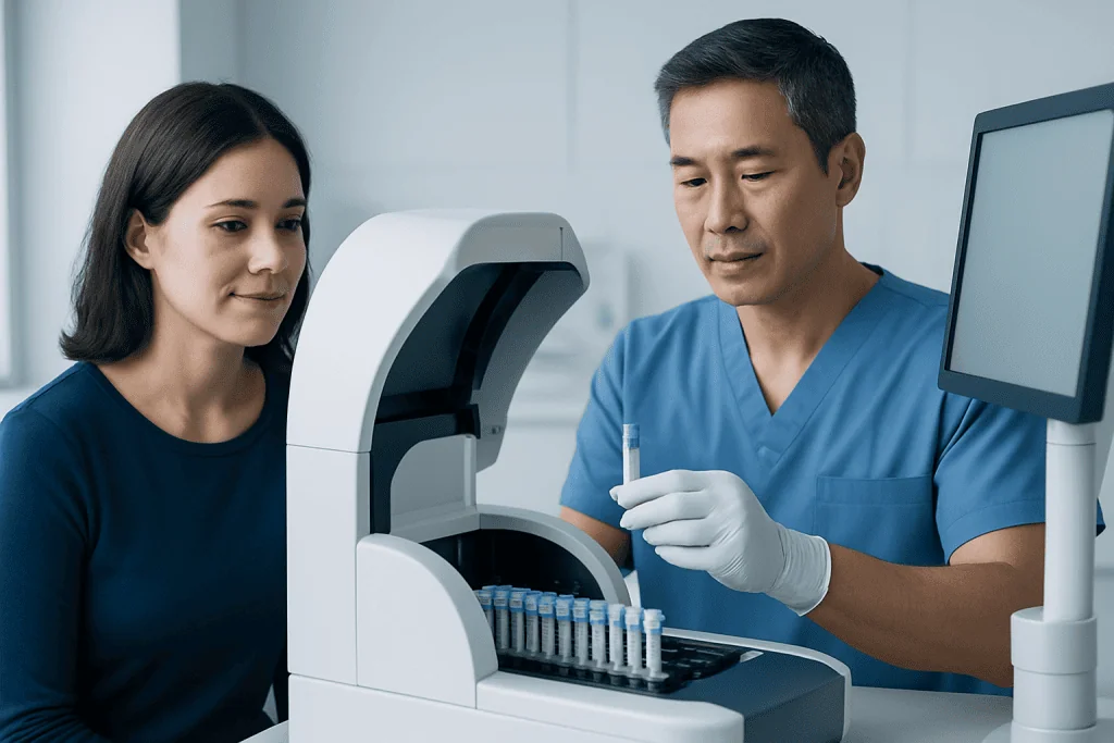Medical professional explains test procedure to a patient in a clinical setting.