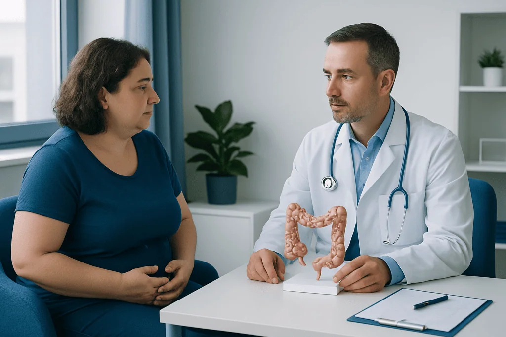 Doctor explaining gut health to a patient in a clinic setting.