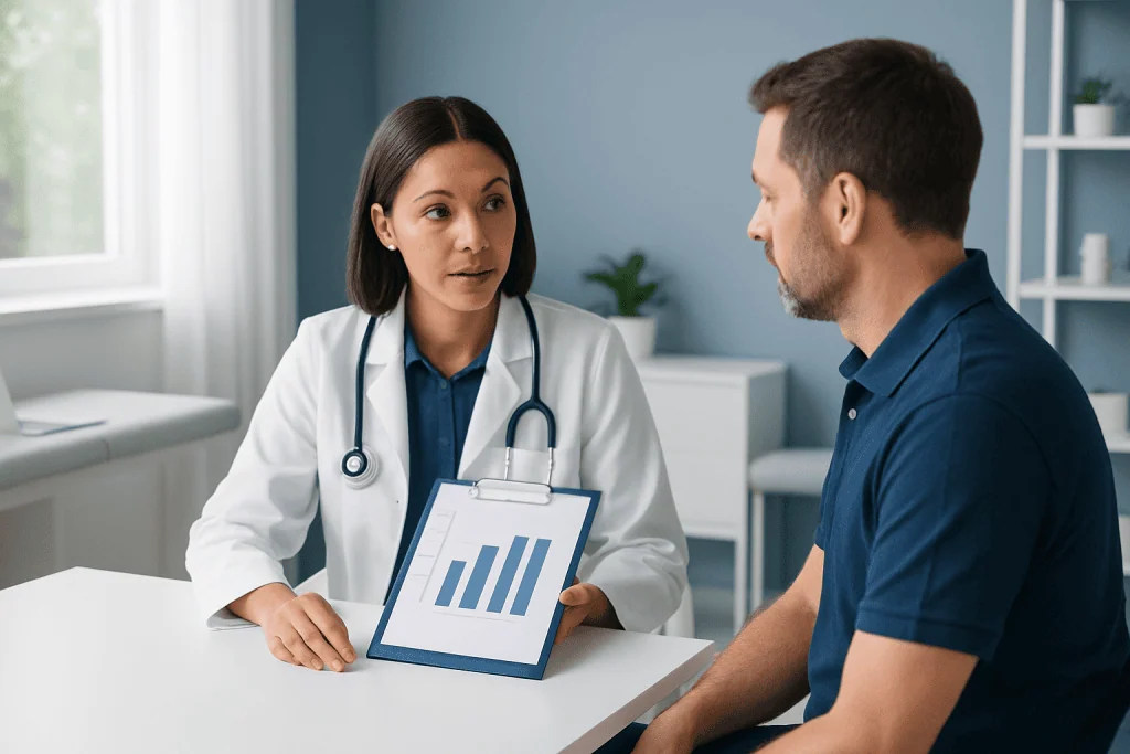 Doctor discussing health results with patient in a medical consultation room.