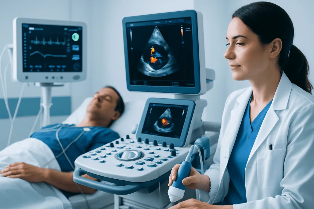 Medical professional performing an ultrasound on a patient in a hospital setting.