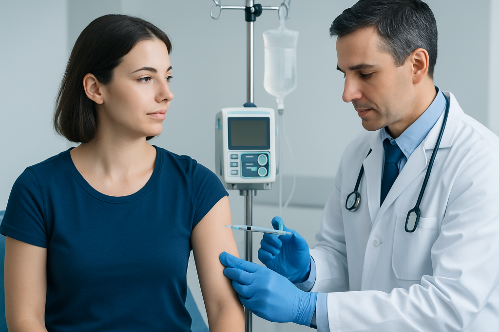 Doctor administering Hep A vaccine to a young woman in a clinical setting.