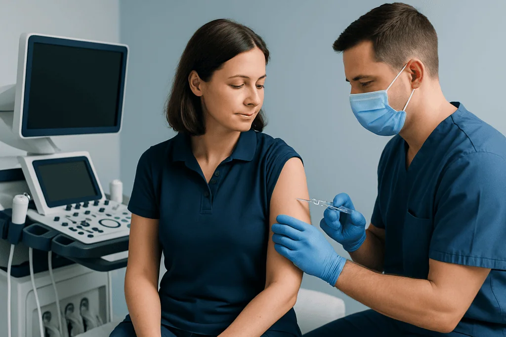 Healthcare professional administering hepatitis A vaccine to patient in clinic.