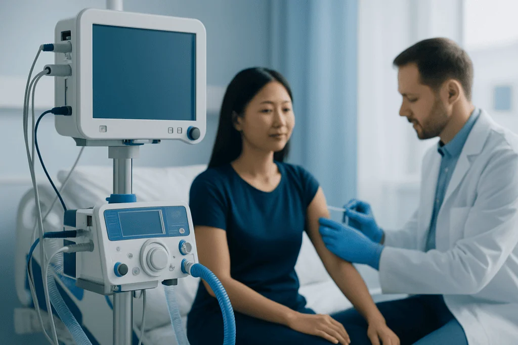 Doctor administering Hep B vaccine to a patient in a hospital setting.
