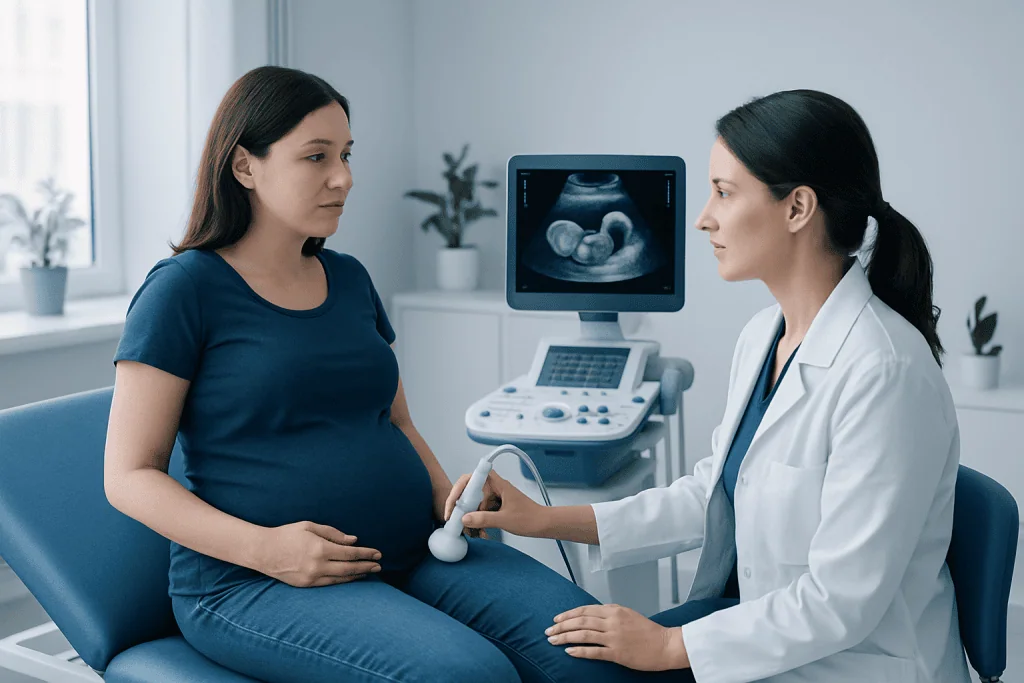 Pregnant woman having an ultrasound scan at a medical clinic.